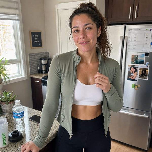 Woman in athletic wear standing in a kitchen